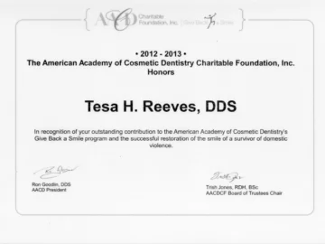 AACD Charitable Foundation certificate awarded to Dr. Tesa