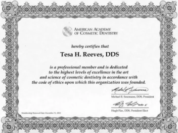 American Academy of Cosmetic Dentistry certificate awarded to Dr. Tesa