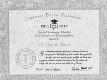 Tennessee Dental Association certificate awarded to Dr. Tesa