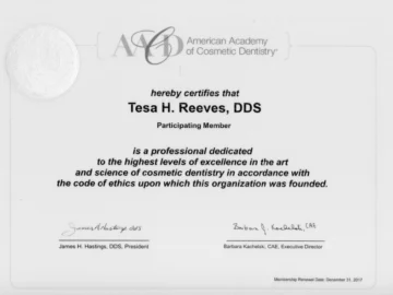 American Academy of Cosmetic Dentistry certificate awarded to Dr. Tesa