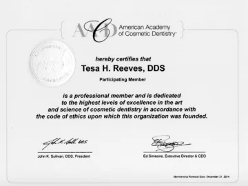 American Academy of Cosmetic Dentistry certificate awarded to Dr. Tesa