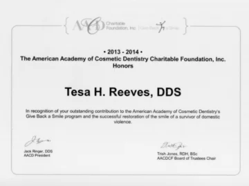 AACD Charitable Foundation certificate awarded to Dr. Tesa