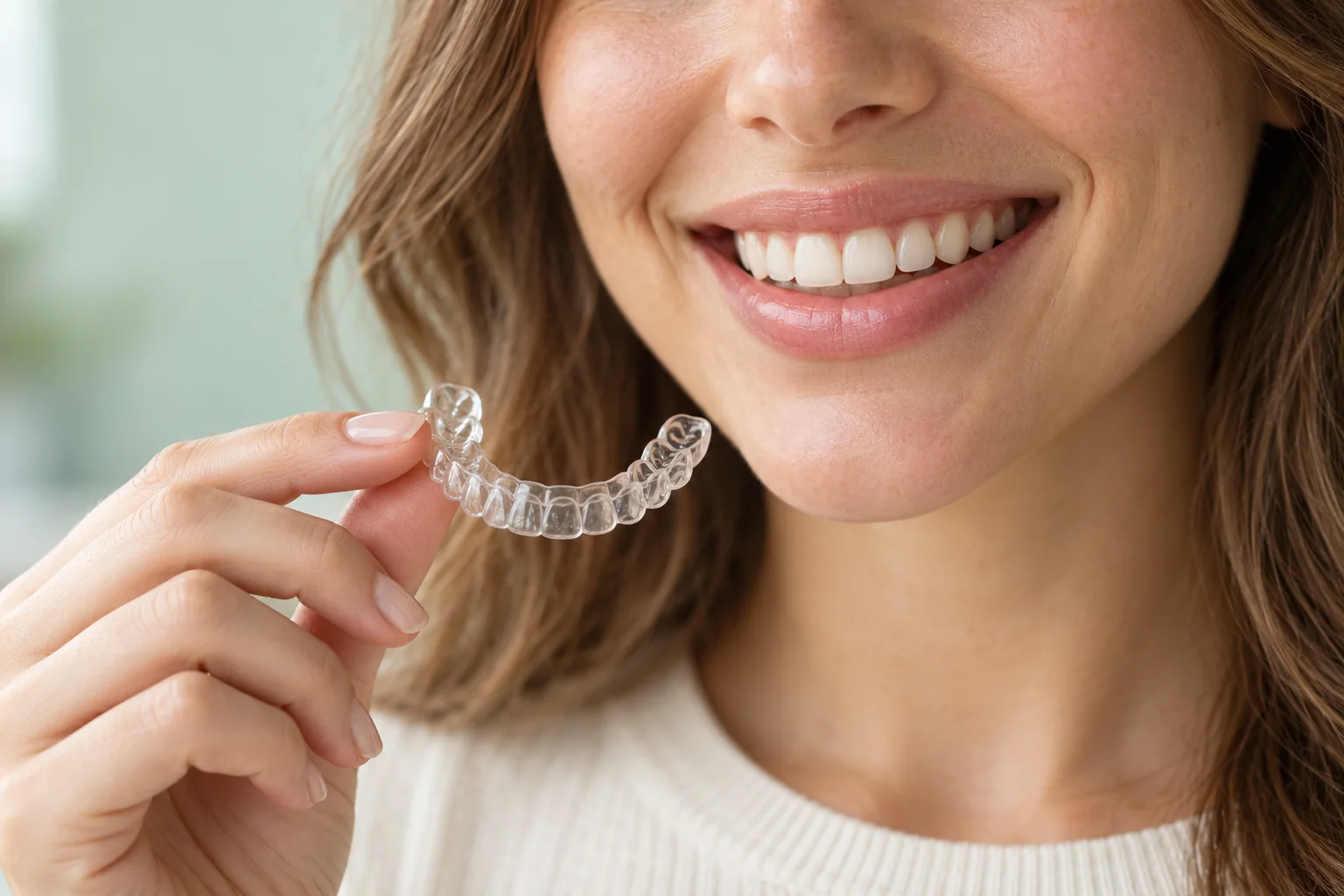 Woman placing a clear aligner